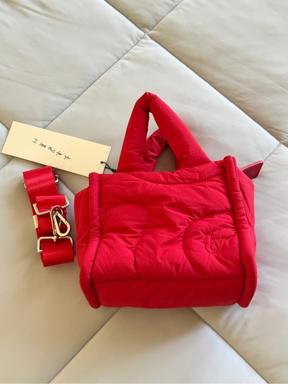 Red Quilted Mini Tote Bag with Removable Strap